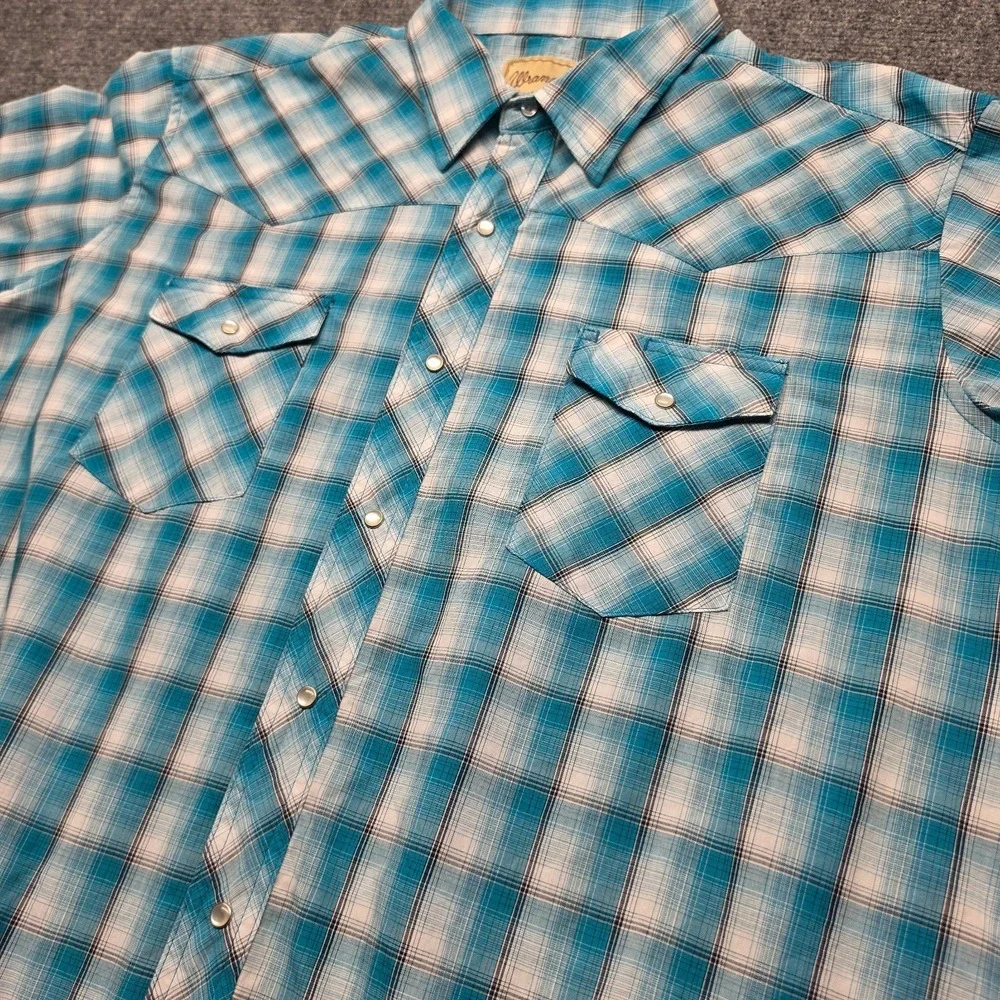 Wrangler Pearl Snap Shirt Mens 2XL Plaid Turquoise Blue Short Sleeve Western
